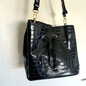 Black Faux Leather Croc Bucket Bag